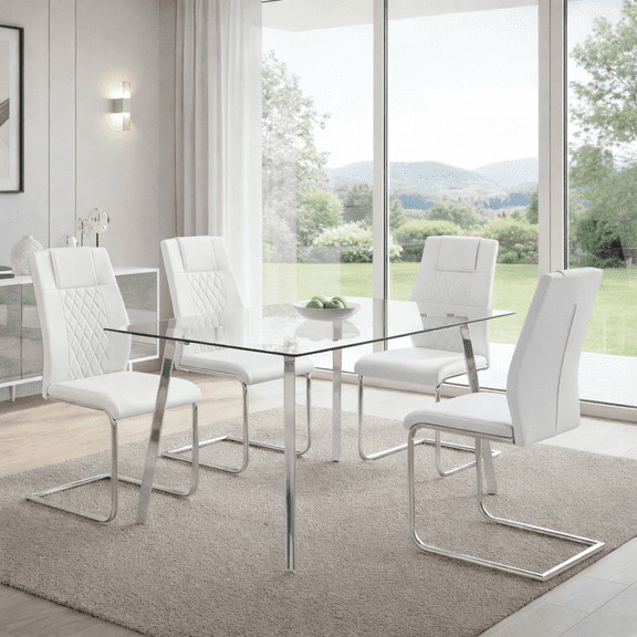 LUFTUT 5-Piece Kitchen Table and Chairs Set for 4, 51" Tempered Glass Dining Table with Chrome-Silver Metal Legs, 4 PU Leather Chairs, Space-Saving Modern Dining Room Set