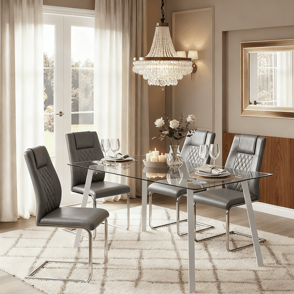 LUFTUT 5-Piece Kitchen Table and Chairs Set for 4, 51" Tempered Glass Dining Table with Chrome-Silver Metal Legs, 4 PU Leather Chairs, Space-Saving Modern Dining Room Set