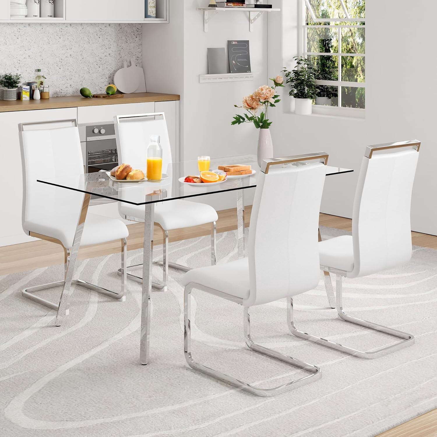 LUFTUT 5-Piece Kitchen Table and Chairs Set for 4, 51" Tempered Glass Dining Table with Chrome-Silver Metal Legs, 4 White PU Leather Chairs, Space-Saving Modern Dining Room Set