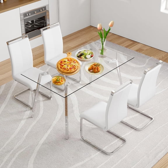 LUFTUT 5-Piece Kitchen Table and Chairs Set for 4, 51" Tempered Glass Dining Table with Chrome-Silver Metal Legs, 4 White PU Leather Chairs, Space-Saving Modern Dining Room Set