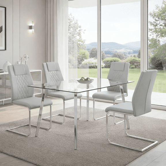 LUFTUT 5-Piece Kitchen Table and Light Gray Chairs Set for 4, 51" Tempered Glass Dining Table with Chrome-Silver Metal Legs, 4 PU Leather Chairs, Space-Saving Modern Dining Room Set
