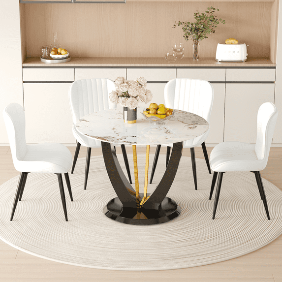 LUFTUT 5-Piece Kitchen Table and Chairs Set for 4, Modern Glass Top Dinner Set, 42 Inch Round Table with White Chairs for Small Apartment Dining Room