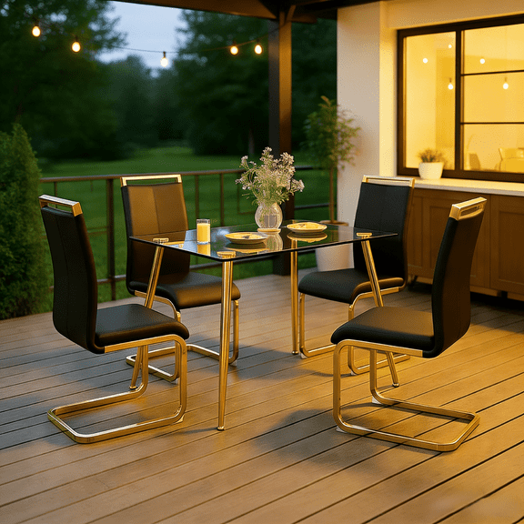 LUFTUT 5-Piece Luxury Gold Dining Table Set, 51" Rectangle Tempered Glass Kitchen Table with 4 Black PU Leather Cantilever Chairs, Modern Glam Dining Ensemble for Small Spaces, Apartment