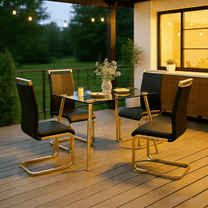 LUFTUT 5-Piece Luxury Gold Dining Table Set, 51" Rectangle Tempered Glass Kitchen Table with 4 Black PU Leather Cantilever Chairs, Modern Glam Dining Ensemble for Small Spaces, Apartment