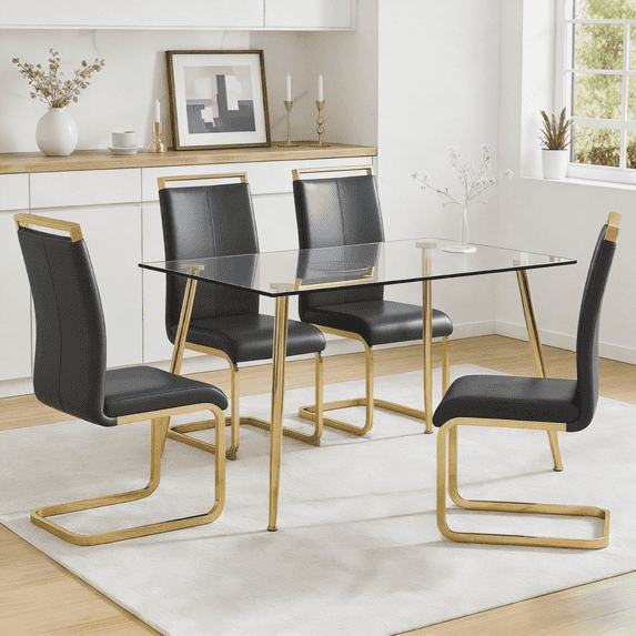 LUFTUT 5-Piece Luxury Gold Dining Table Set, 51" Rectangle Tempered Glass Kitchen Table with 4 Dark Gray PU Leather Cantilever Chairs, Modern Glam Dining Ensemble for Small Spaces, Apartment