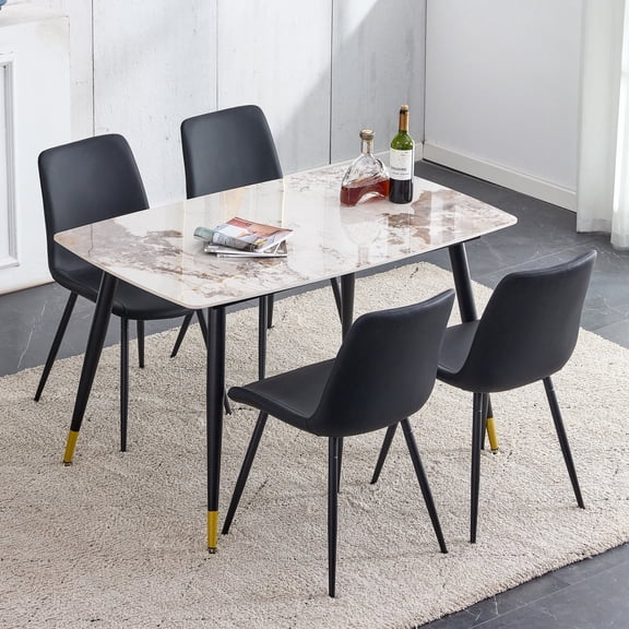 LUFTUT 5-Piece Modern Dining Table Set for 4, 50-Inch Sintered Stone Table & 4 Black PU Leather Chairs, Sturdy Black Metal Legs, Kitchen & Small Space Dinette Set
