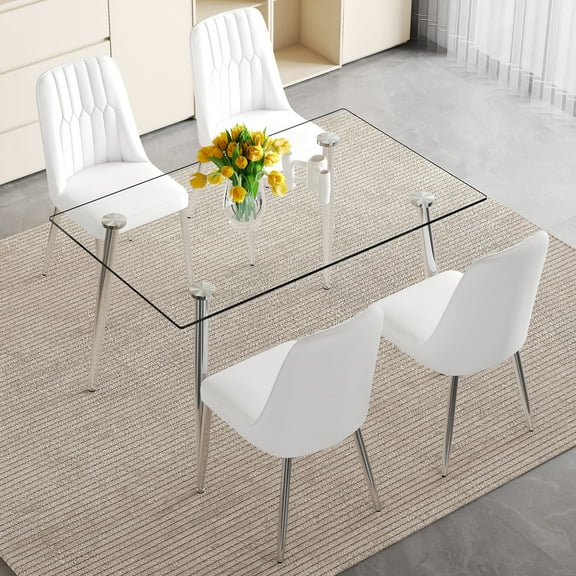LUFTUT 51.2" Glass Dining Table Set for 4, Modern Rectangular Tempered Glass Kitchen Table, 4 White PU Leather Chairs with Silver Metal Legs, Compact Family Dining