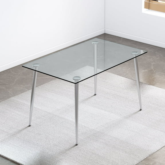 LUFTUT 51" Rectangular Glass Kitchen Table, Tempered Glass Top with Rounded Corners, Chrome-Silver Metal Tapered Legs, Space-Saving Modern Dining Table for Apartment & Breakfast Nook