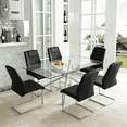 thumbnail image 1 of LUFTUT 63" L Glass Dining Table Set for 6, Modern Rectangular Tempered Glass Table, X-Base Silver Chrome Legs, 6 Black PU Leather Chairs for Dining Room, 1 of 10