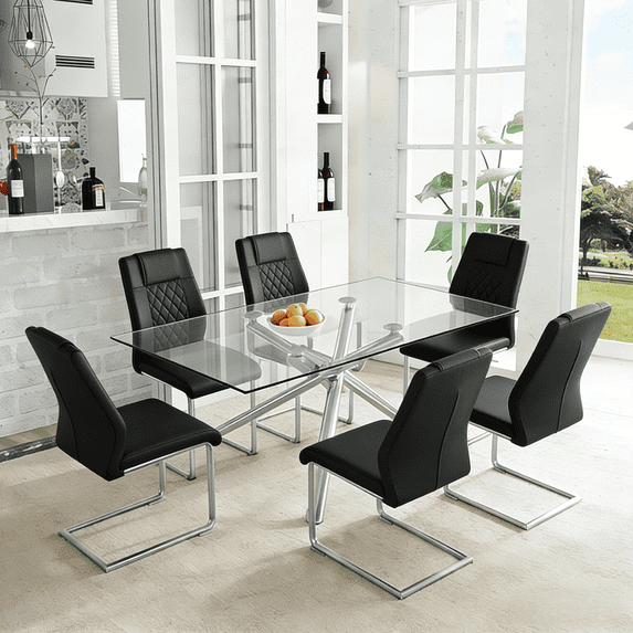 LUFTUT 63" L Glass Dining Table Set for 6, Modern Rectangular Tempered Glass Table, X-Base Silver Chrome Legs, 6 Black PU Leather Chairs for Dining Room