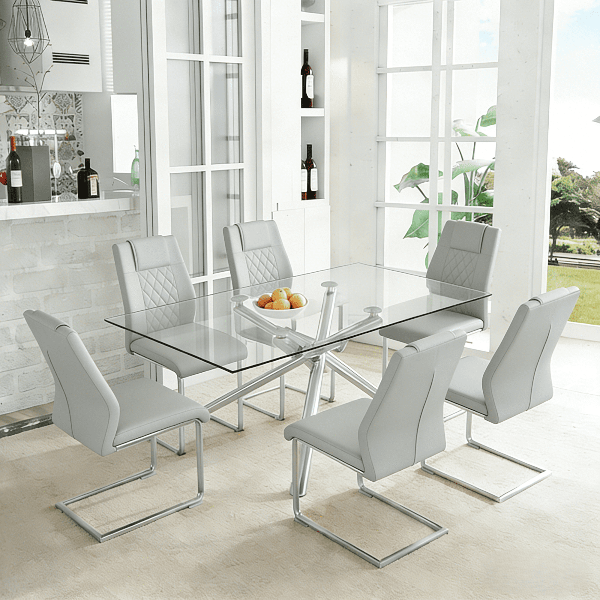 LUFTUT 63" L Glass Dining Table Set for 6, Modern Rectangular Tempered ...
