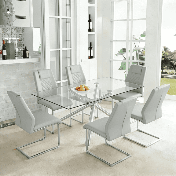 LUFTUT 63" L Glass Dining Table Set for 6, Modern Rectangular Tempered Glass Table, X-Base Silver Chrome Legs, 6 Light Grey PU Leather Chairs for Dining Room