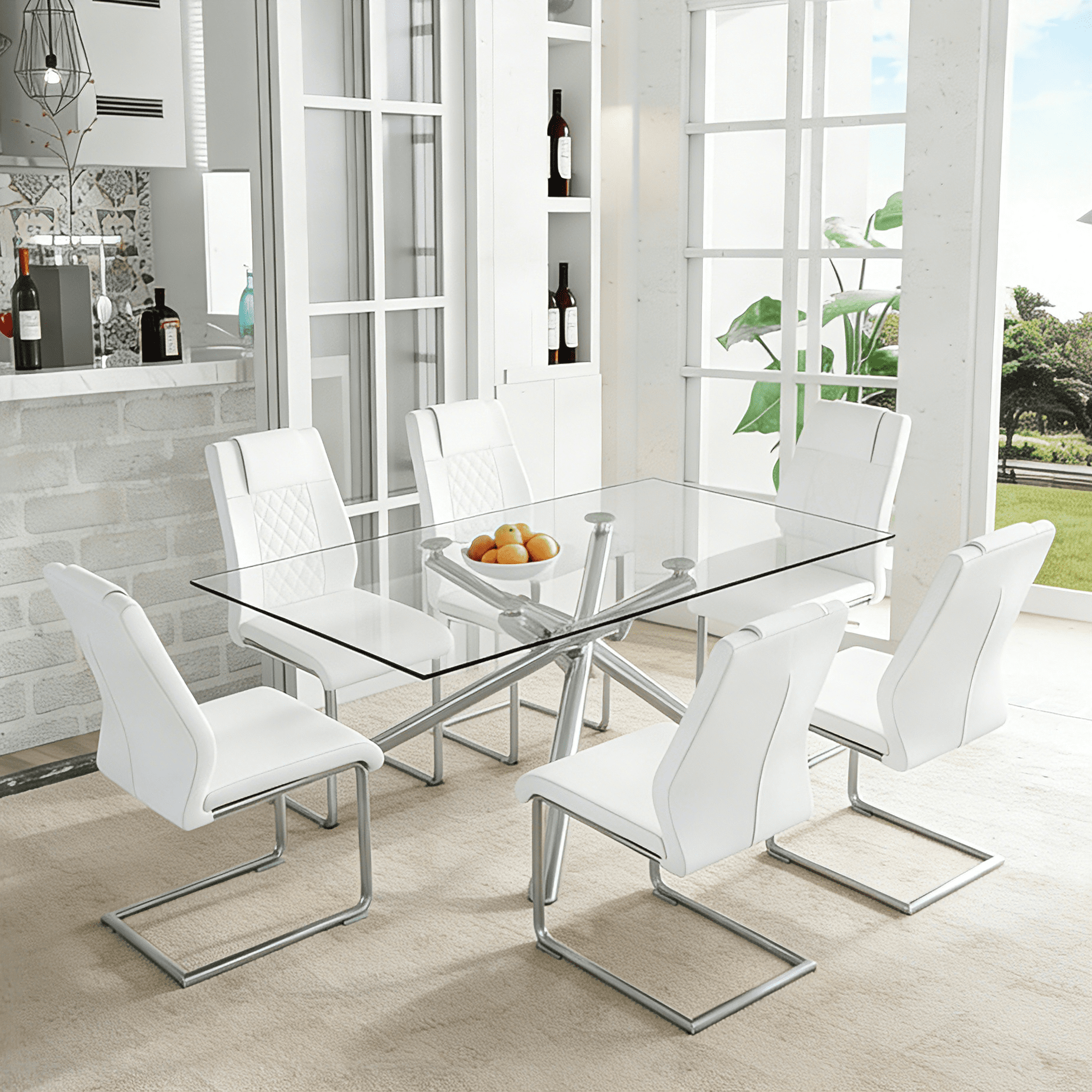 LUFTUT 63" L Glass Dining Table Set for 6, Modern Rectangular Tempered Glass Table, X-Base Silver Chrome Legs, 6 White PU Leather Chairs for Dining Room