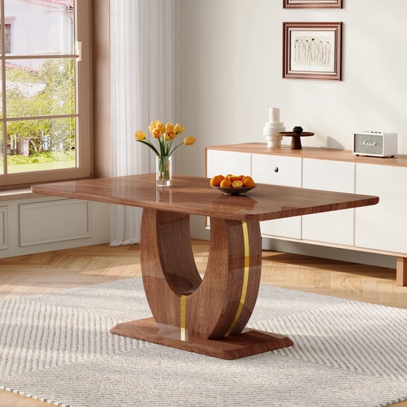 LUFTUT 63" Modern Dining Table, MDF Walnut Finish Rectangular Kitchen Table, Mid-Century U-Shaped Pedestal Base with Gold Accent, Seats 4-6