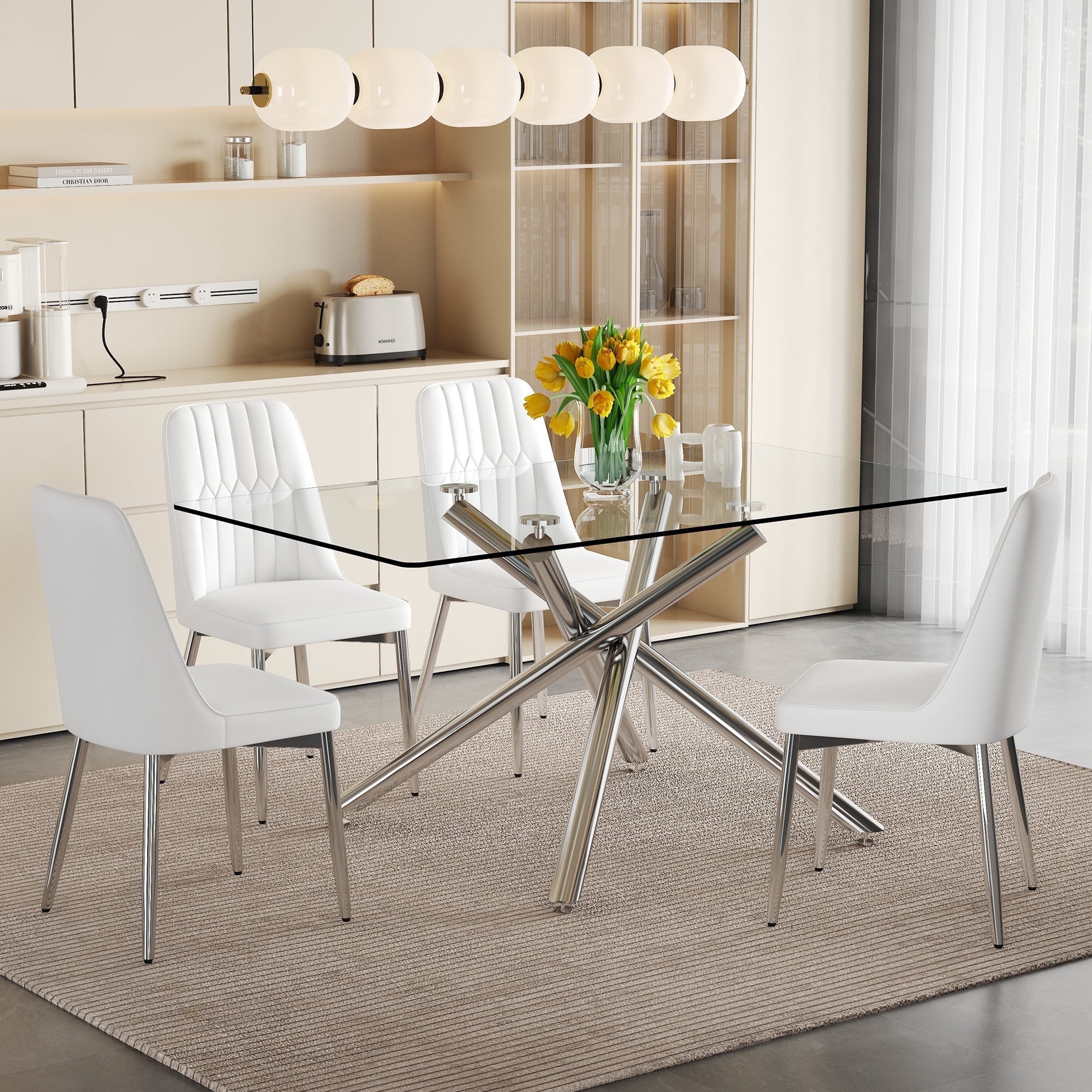 LUFTUT 63" Modern Dining Table Set for 4, Rectangular Tempered Glass Kitchen Table, Art Metal Base, 4 Elegant White PU Leather Chairs with Silver Legs