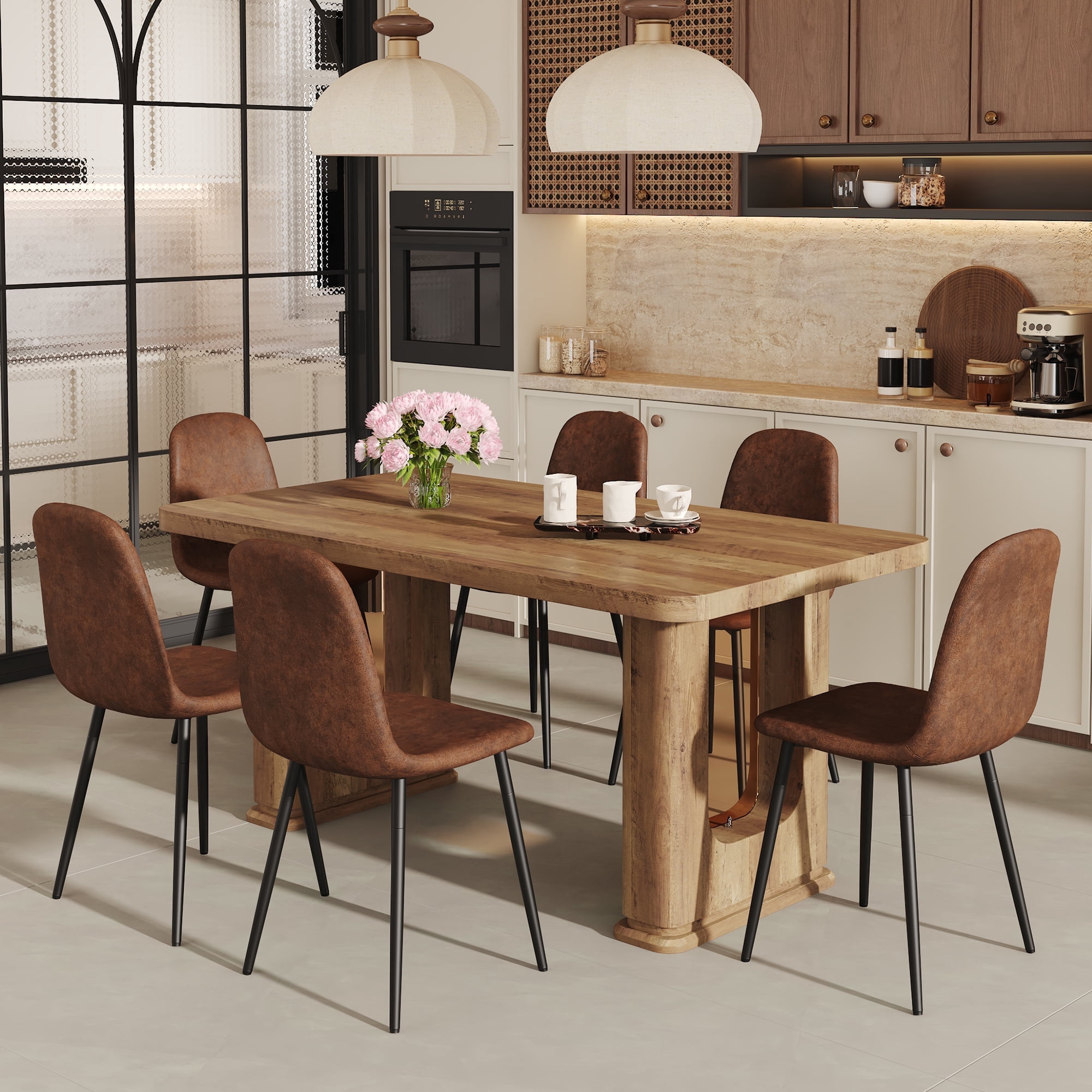 LUFTUT 64.5" Modern Farmhouse Wood Dining Table Set for 6, 7-Piece ...