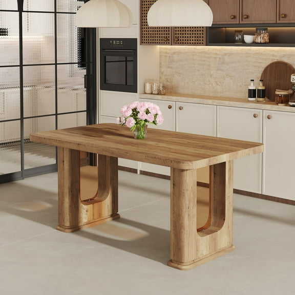 LUFTUT 64.5" Modern Farmhouse Wood Dining Table, Rectangular Kitchen Table with Sculptural Pedestal Base & Glass Inlays, Large Dinner Table for 4-6 People