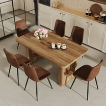 LUFTUT 7-Piece 64.5" Dining Table Set for 6, Modern Farmhouse Kitchen Table with 6 Brown Faux Suede Chairs, Rustic Wood Dinner Set for Family Gatherings