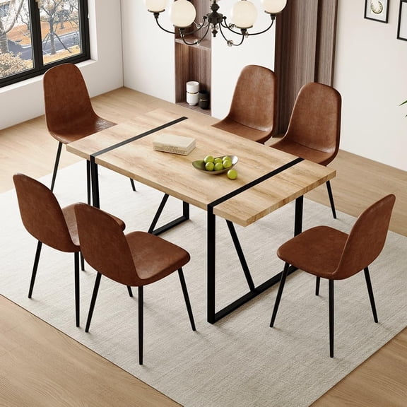 LUFTUT 7-Piece Dining Table Set for 6, 55" Rectangular Wood-Look MDF Table with Black Metal Legs, 6 Brown Fabric Upholstered Chairs for Kitchen & Dining Room