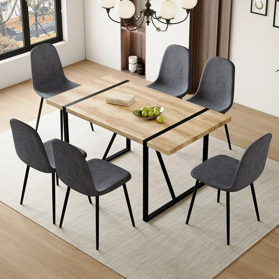 LUFTUT 7-Piece Dining Table Set for 6, 55" Rectangular Wood-Look MDF Table with Black Metal Legs, 6 Gray Fabric Upholstered Chairs for Kitchen & Dining Room