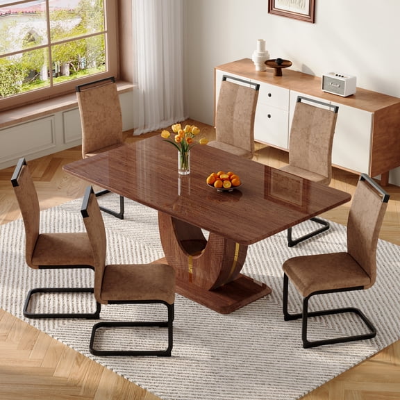 LUFTUT 7-Piece Dining Table Set for 6, 63" Modern Mid-Century Walnut Finish Kitchen Table, and 6 Brown Suede Upholstered Dining Chairs with Arched Base, Rectangle Dinner Set