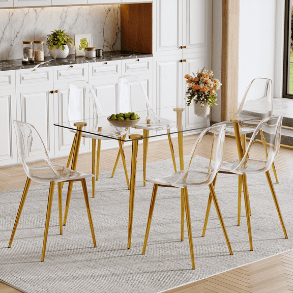 LUFTUT 7-Piece Glass Dining Table Set for 6, 51" Rectangular Tempered Glass Table with Metal Legs, 6 Clear Thick Acrylic Chairs, Modern Dining Room/Kitchen Set, Easy Assembly, 300 lbs