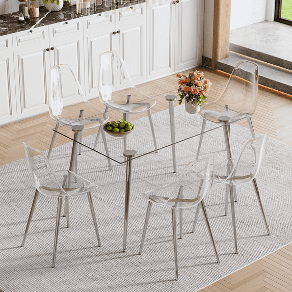 LUFTUT 7-Piece Glass Dining Table Set for 6, 51" Rectangular Tempered Glass Table with Metal Legs, 6 Clear Thick Acrylic Chairs, Modern Dining Room/Kitchen Set, Easy Assembly, 300 lbs