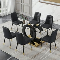 LUFTUT 7-Piece Glass Dining Table Set for 6, 63" Modern Rectangular Kitchen Table with Black OC-Shape MDF Base & Gold Trim, Contemporary Dinner Set with 6 Black PU Chairs