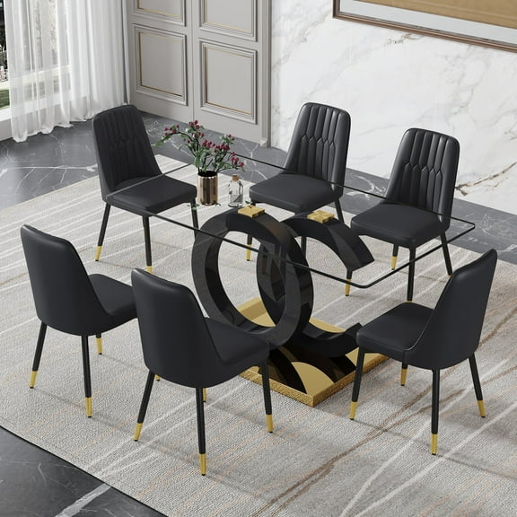 LUFTUT 7-Piece Glass Dining Table Set for 6, 63" Modern Rectangular Kitchen Table with Black OC-Shape MDF Base & Gold Trim, Contemporary Dinner Set with 6 Black PU Chairs
