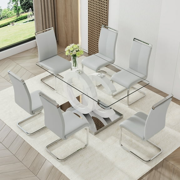 LUFTUT 7-Piece Glass Dining Table Set for 6, 63" Rectangular Tempered Glass Table with White OC-Shaped MDF Pedestal & Silver Base, 6 PU Leather Chrome Cantilever Chairs