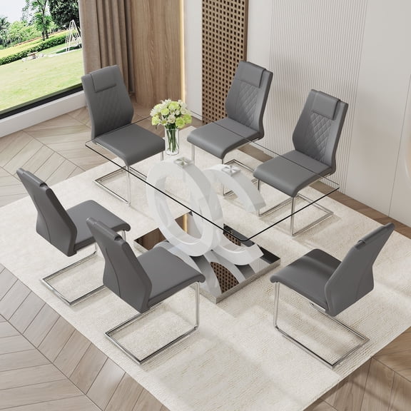 LUFTUT 7-Piece Glass Dining Table Set for 6, Rectangular Tempered Glass Table with White OC-Shaped MDF Pedestal, 6 PU Leather Chrome Cantilever Chairs for Kitchen & Dining Room