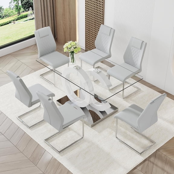 LUFTUT 7-Piece Glass Dining Table Set for 6, Rectangular Tempered Glass Table with White OC-Shaped MDF Pedestal, 6 PU Leather Chrome Cantilever Chairs for Kitchen & Dining Room