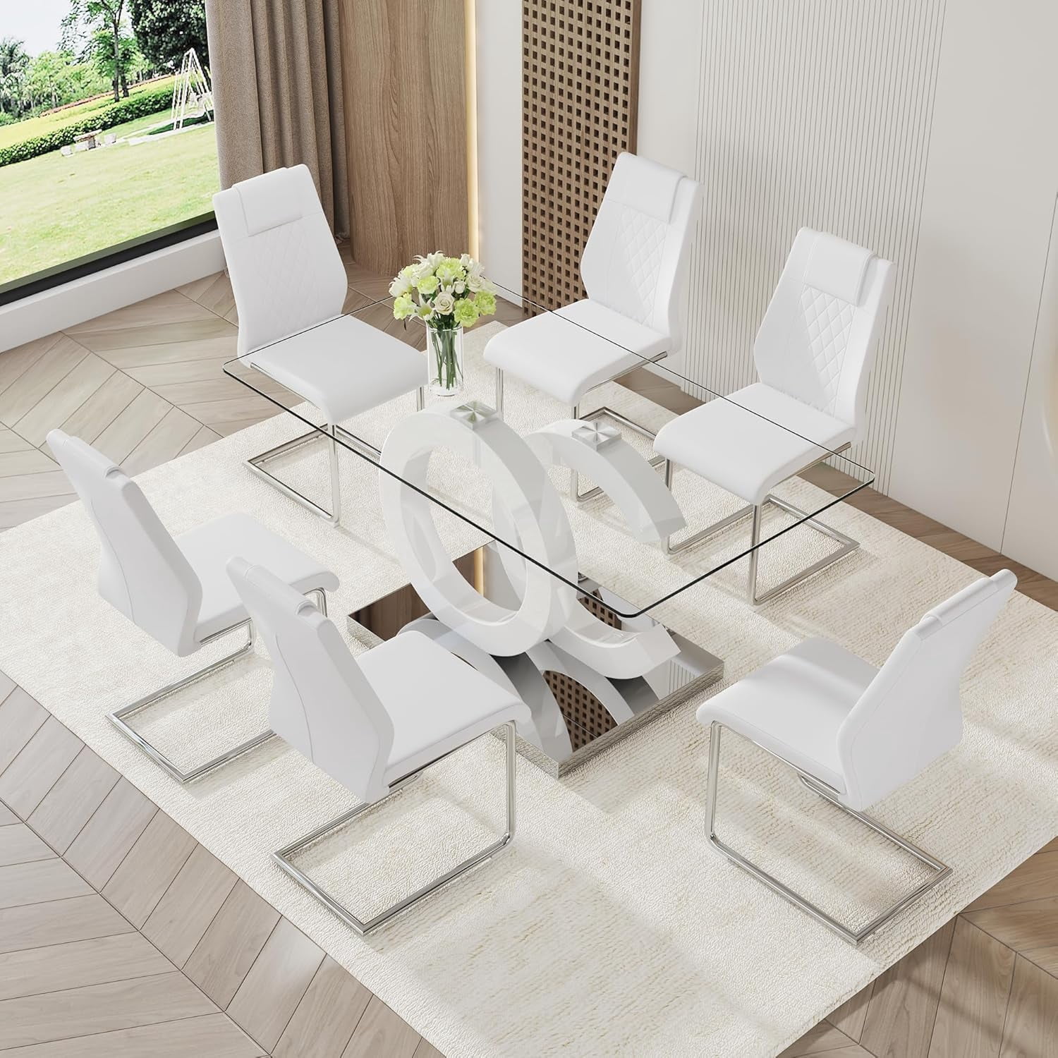 LUFTUT 7-Piece Glass Dining Table Set for 6, Rectangular Tempered Glass ...