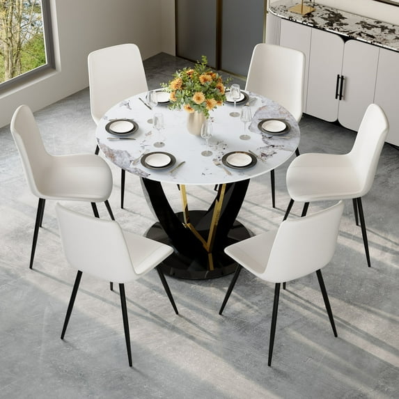 LUFTUT 7-Piece Kitchen Table and Chairs Set for 6, Modern Glass Top Dinner Set, 42 Inch Round Table with White Chairs for Dining Room