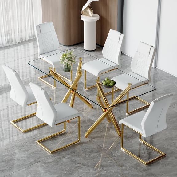 LUFTUT 71" Glass Dining Table Set for 6, Modern Dining Room Table with Gold Metal Legs and 6 Faux Leather Upholstered Chairs, Rectangle Dining Table for Kitchen and Dining Room