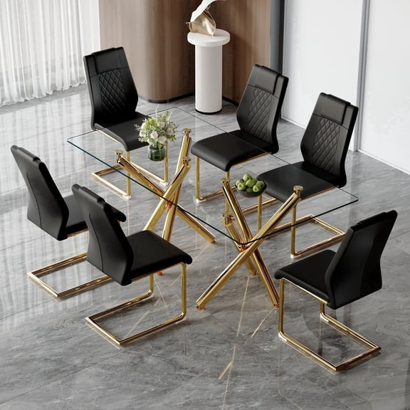 LUFTUT 71" Glass Dining Table Set for 6, Modern Dining Room Table with Gold Metal Legs and 6 Black PU Leather Upholstered Chairs, Rectangle Dining Table for Kitchen and Dining Room