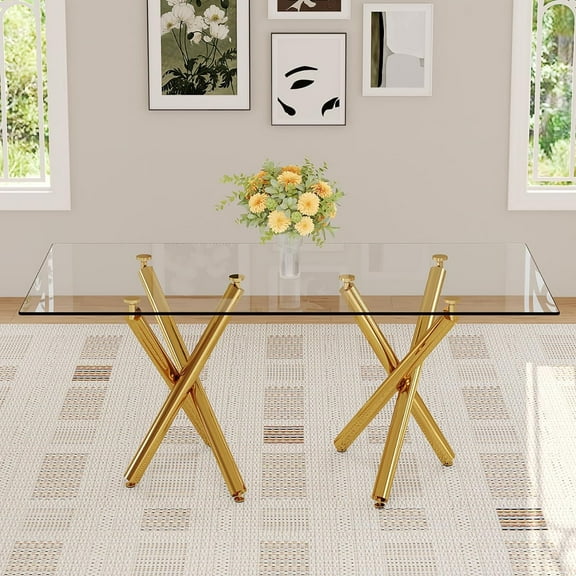LUFTUT 71 in Gold Glass Dining Table for 6-8Large Size Kitchen and Dining Room Table with Tempered Glass top and Gold Metal Legs, for Kitchen, Living Room, Easy Assembly