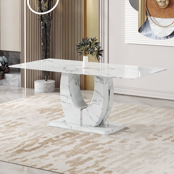 LUFTUT 71 Inch White Pattern Modern Dinner Table for 6-8, Scratch & Heat Resistant Tempered Glass Tabletop, Rectangular Kitchen Table with Durable White Pattern MDF Pedestal Base, Easy Assembly