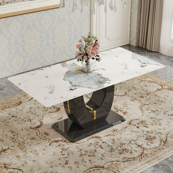 LUFTUT 71" Modern Luxury Dining Table, Rectangular Faux Marble Kitchen Table with Pandora Patterned Tempered Glass Top & Black U-Shaped MDF Legs, Smooth Edges, Seats 6-8 People for Dining Room
