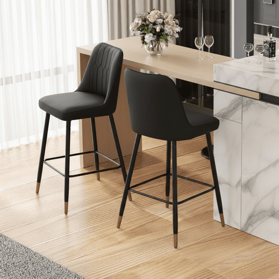 LUFTUT Bar Stools Set of 2, Counter Height Barstools with Back, Modern Faux Leather Kitchen Stools, 27" Black Barstools with Stable Metal Legs for Small Spaces, Kitchen Island, Coffee Corner