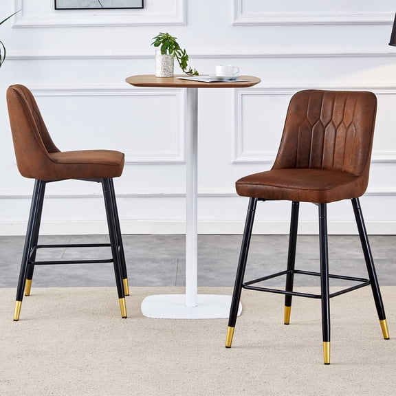 LUFTUT Bar Stools Set of 2, Counter Height Barstools with Back, Modern Faux Leather Kitchen Stools, 27" Brown Barstools with Stable Metal Legs for Small Spaces, Kitchen Island, Coffee Corner