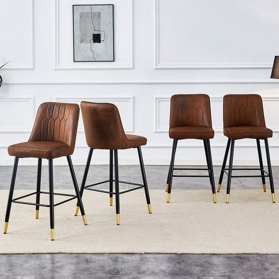 LUFTUT Bar Stools Set of 2, Counter Height Barstools with Back, Modern Faux Leather Kitchen Stools, 27" Brown Barstools with Stable Metal Legs for Small Spaces, Kitchen Island, Coffee Corner