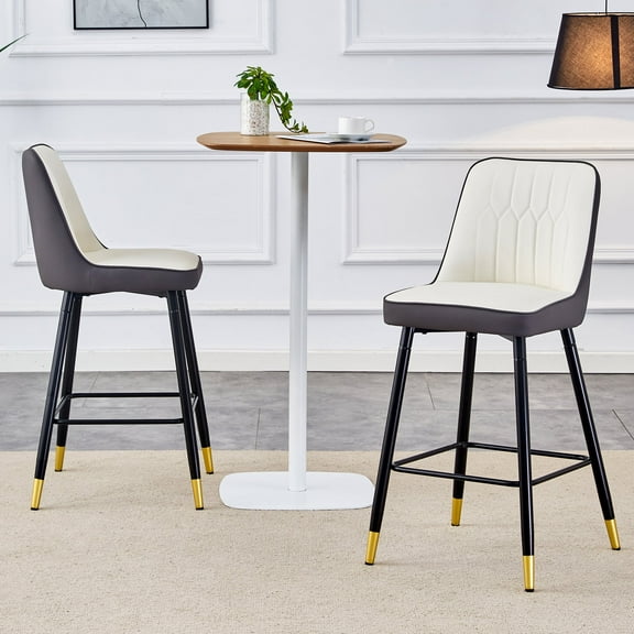 LUFTUT Bar Stools Set of 2, Counter Height Barstools with Back, Modern Faux Leather Kitchen Stools, 27" Gray&White Barstools with Stable Metal Legs for Small Spaces, Kitchen Island, Coffee Corner