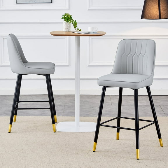 LUFTUT Bar Stools Set of 2, Counter Height Barstools with Back, Modern Faux Leather Kitchen Stools, 27" Light Gray Barstools with Stable Metal Legs for Small Spaces, Kitchen Island, Coffee Corner
