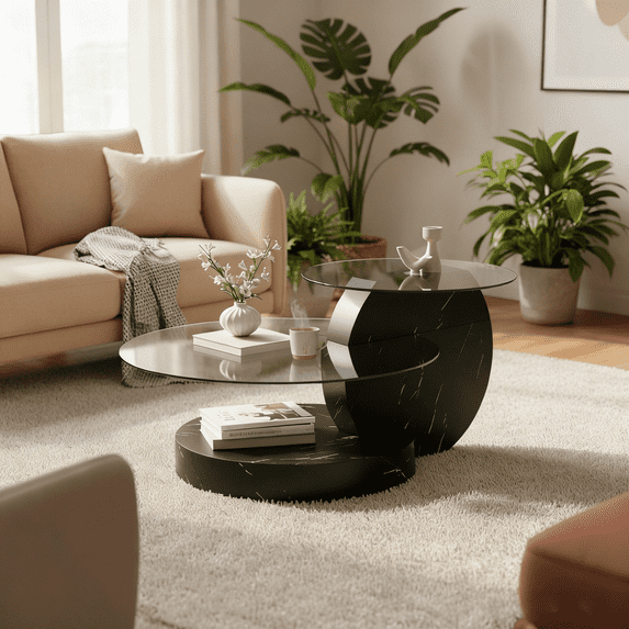 LUFTUT Coffee Tables for Living Room - Round Glass Coffee Table with MDF Base Modern End Table 3-Tier Round Coffee Table for Living Room, Office, Balcony (Black)