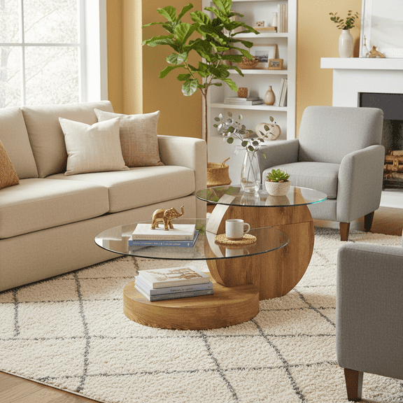 LUFTUT Coffee Tables for Living Room - Round Glass Coffee Table with MDF Base Modern End Table 3-Tier Round Coffee Table for Living Room, Office, Balcony (Wood)