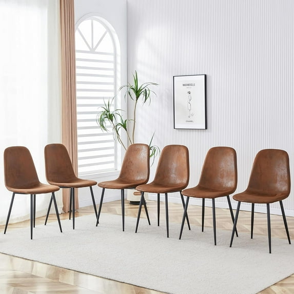LUFTUT Dining Chairs Set of 6, Modern Mid-Century Style Side Chairs with Fabric Upholstered Seats and Black Metal Legs for Dining Room, Kitchen, Lounge, Rustic Brown