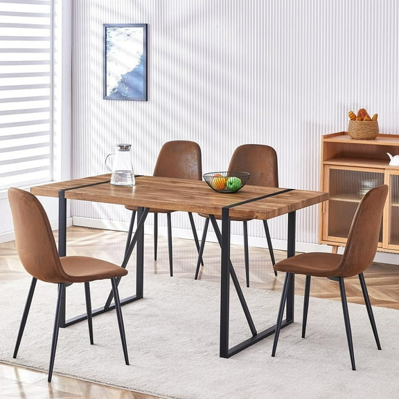 LUFTUT Dining Table Set for 4, Modern 55'' Dark Wood Dining Table and Fabric Dining Chairs Set of 4,Table and Chairs Set of 4,Ideal for Kitchen Dining Room