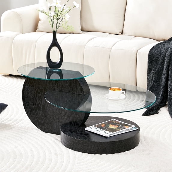 LUFTUT Glass Coffee Table, 3-Tier 35.4" Round Tempered Glass Coffee Table for Living Room with Storage, Black Wood-Look MDF Base, Modern Center Table, Easy Assembly