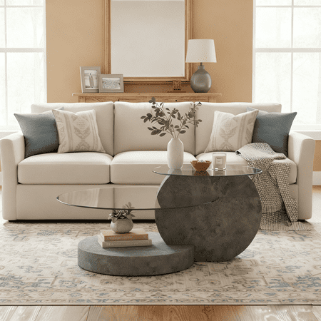 LUFTUT Glass Coffee Table, 3-Tier 35.4" Round Tempered Glass with Gray Stone-Texture MDF Base, Coffee Table with Storage for Living Room, Easy Assembly